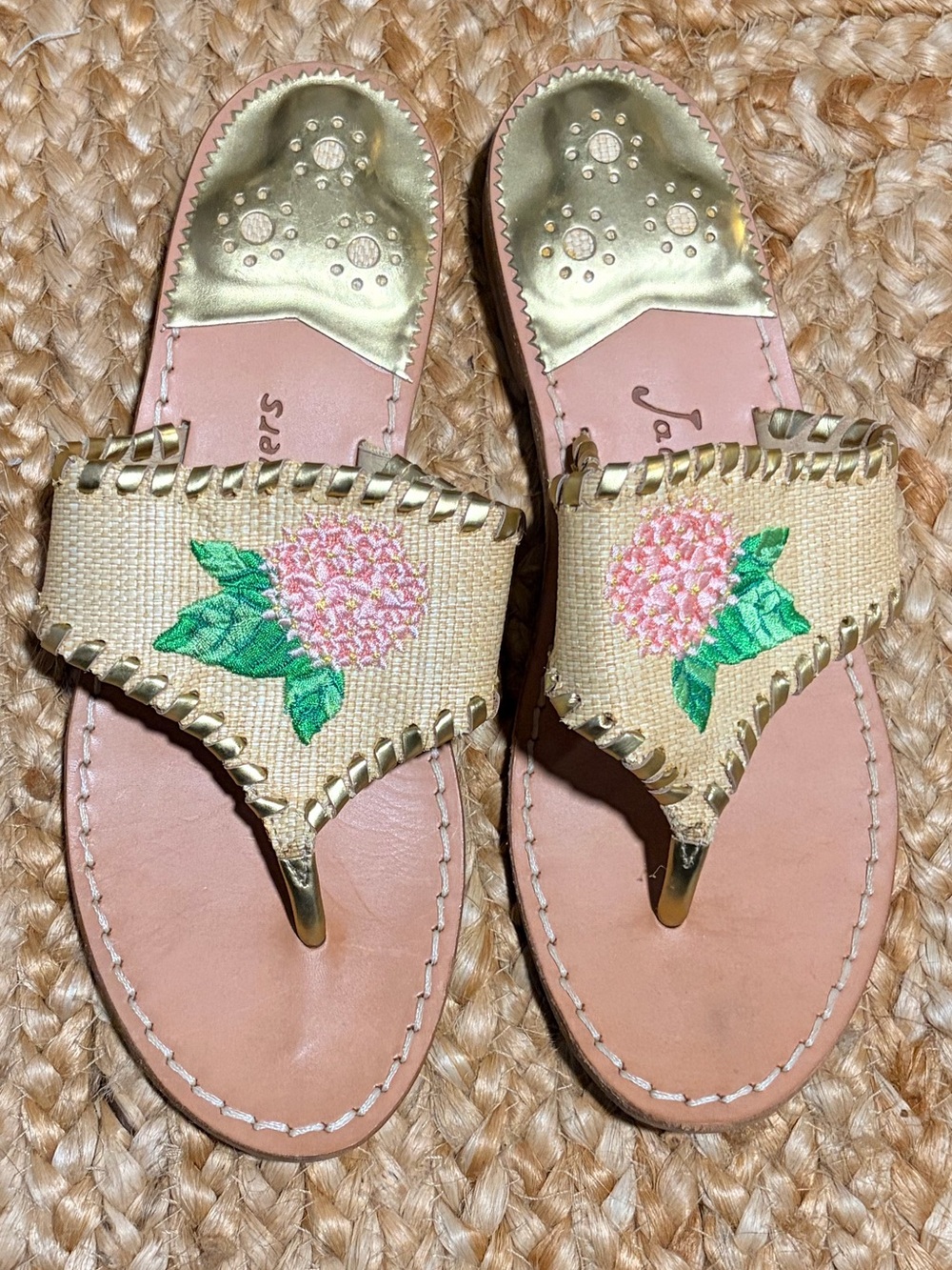 Jack Rogers Pink Floral Hydrangea  Embroidered Thong Sandals with Gold Accents